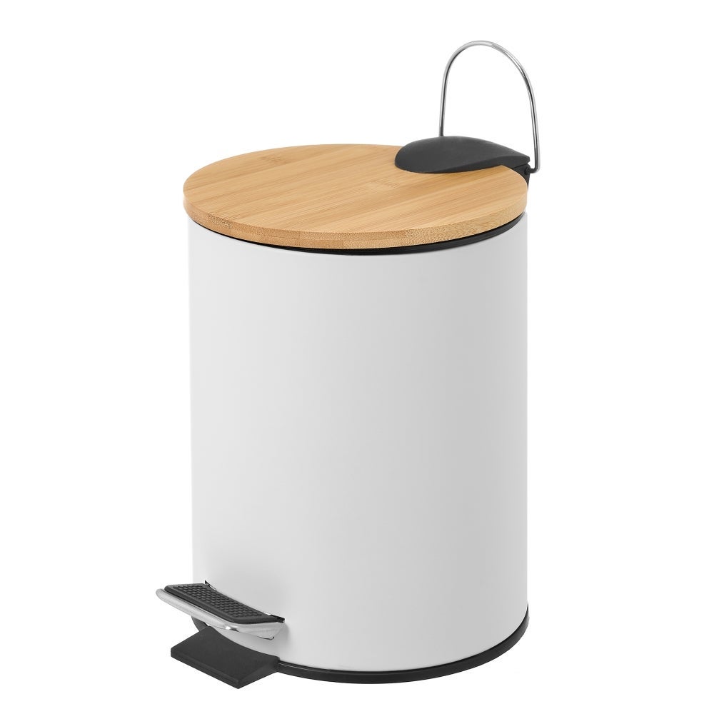 Papelera de baño de pedal de metal y tapa de bambú de 3 litros