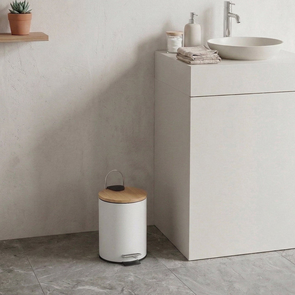 Papelera de baño de pedal de metal y tapa de bambú de 3 litros