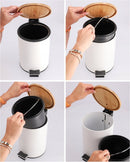 Papelera de pedal blanca de bambú y metal de 3 litros