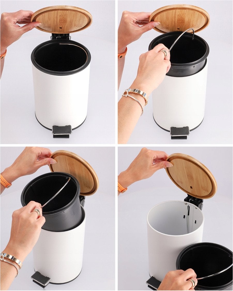 Papelera de pedal blanca de bambú y metal de 3 litros