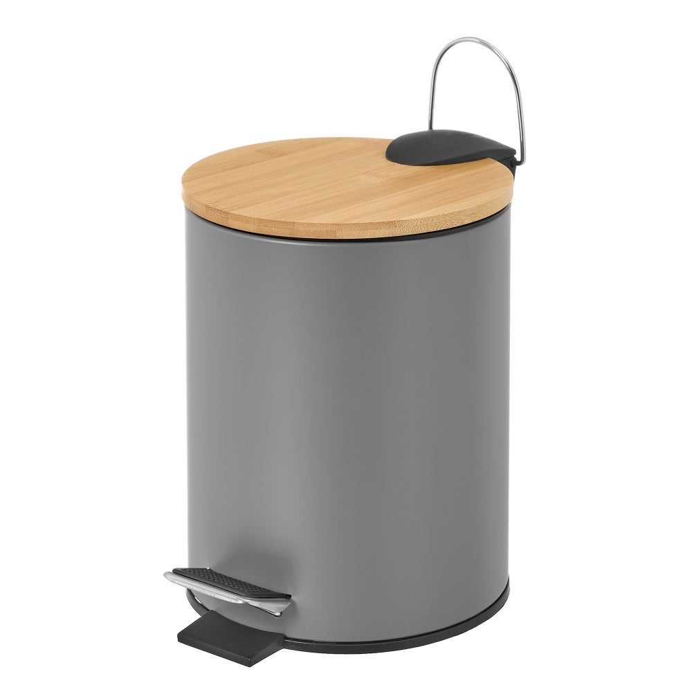 Papelera de pedal gris de bambú y metal de 3 litros