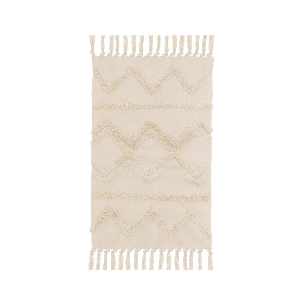 Alfombra flecos de rombos beige de algodón natural y poliéster de 50x80 cm
