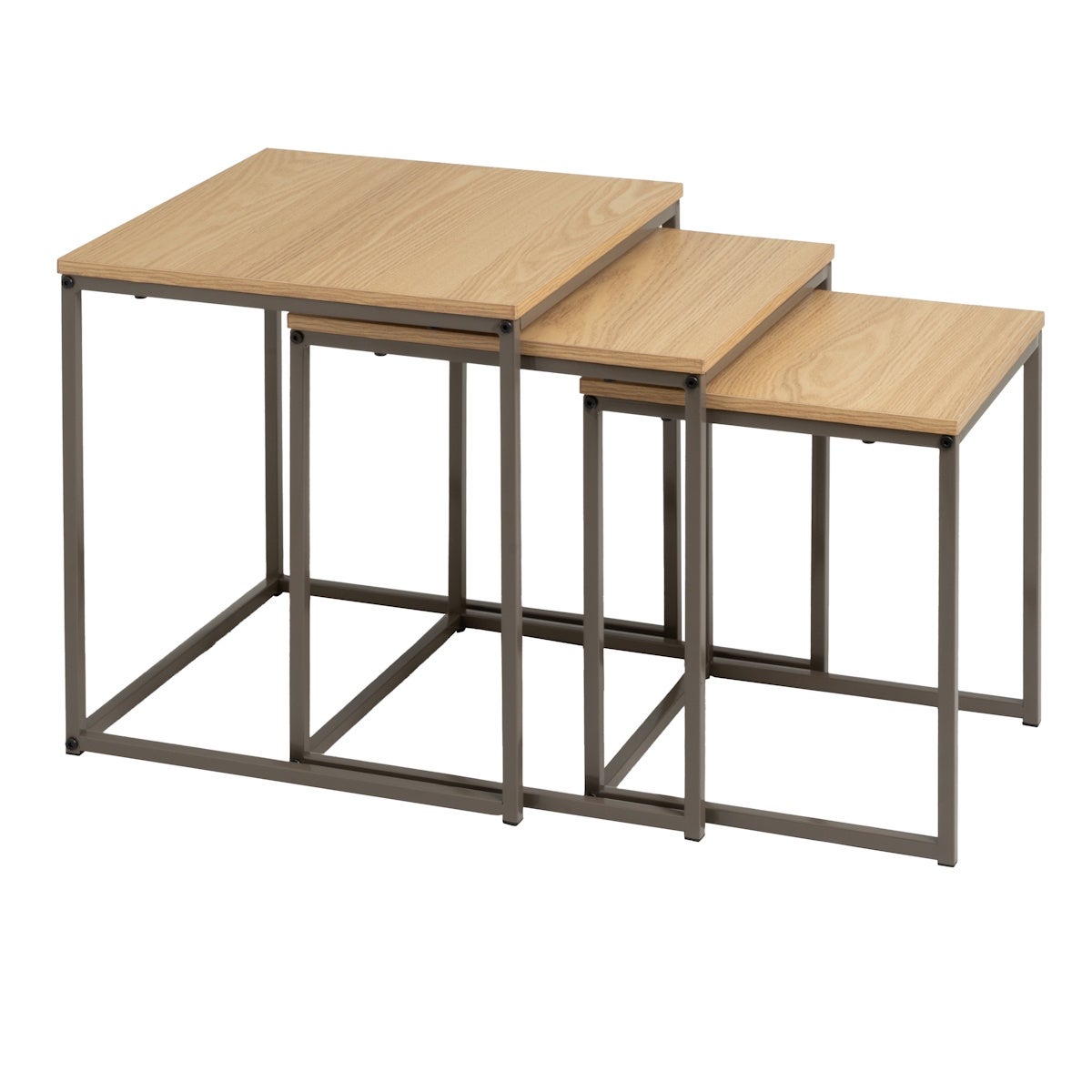 Set de 3 mesitas nido cubo de metal y madera natural