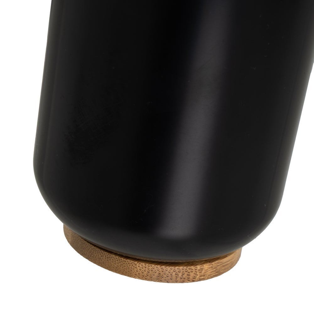 Set de dispensador, portacepillos, vaso y jabonera negro y bambú