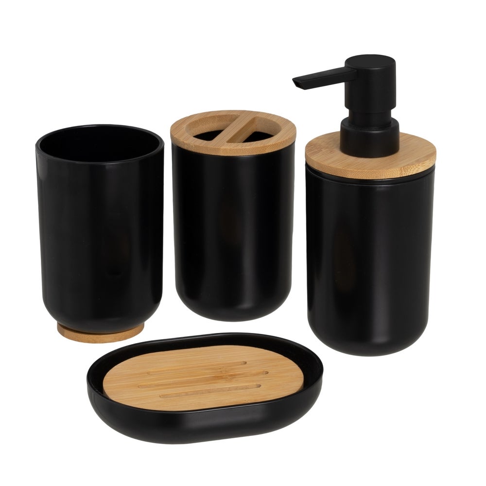 Set de dispensador, portacepillos, vaso y jabonera negro y bambú
