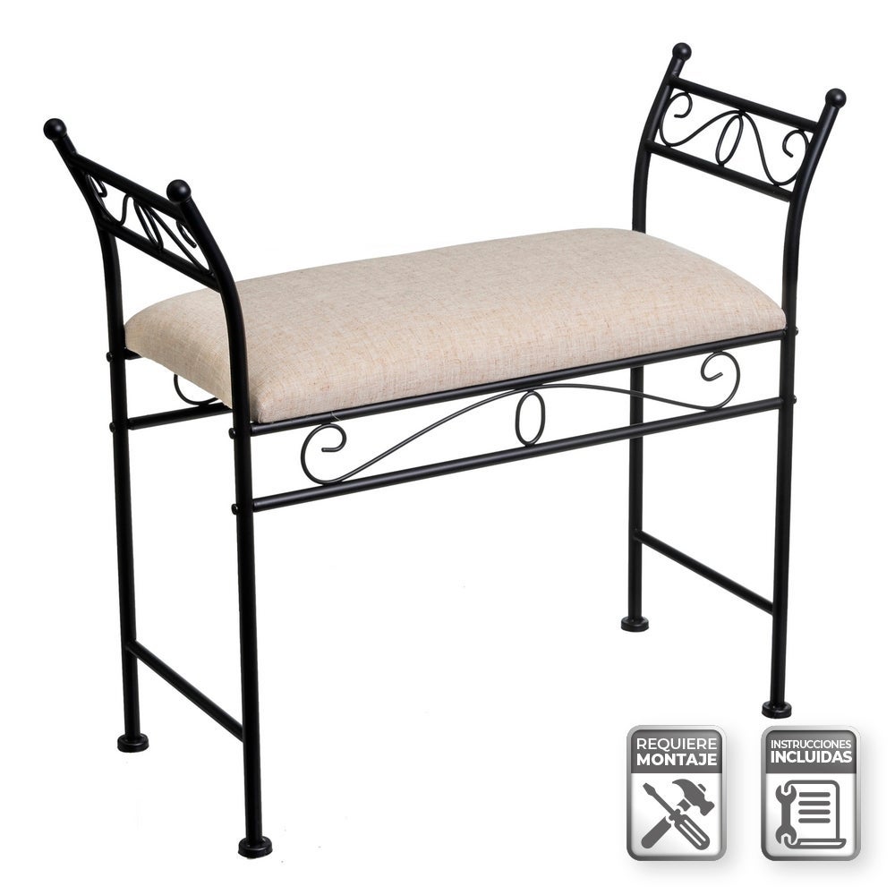 Banqueta de metal negro con asiento de lino
