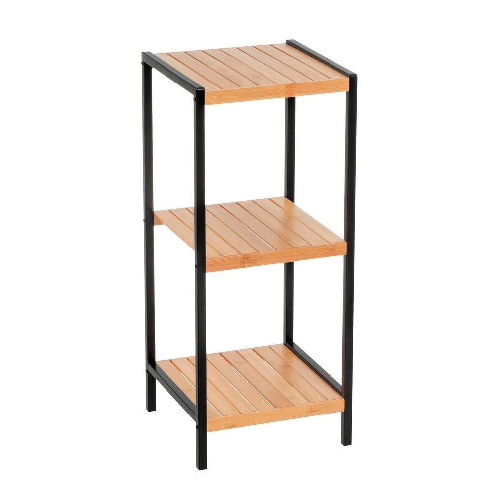Estantería de bambú y estructura de metal negro con 3 baldas