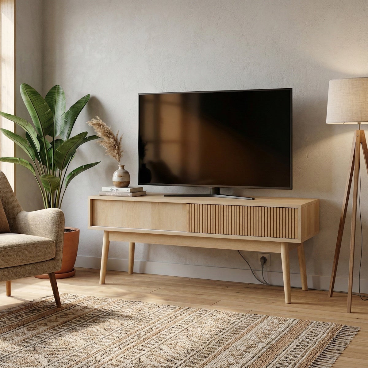 Mueble TV Naroa de Madera color Natural con 2 Puertas Correderas de 115x40x48 cm