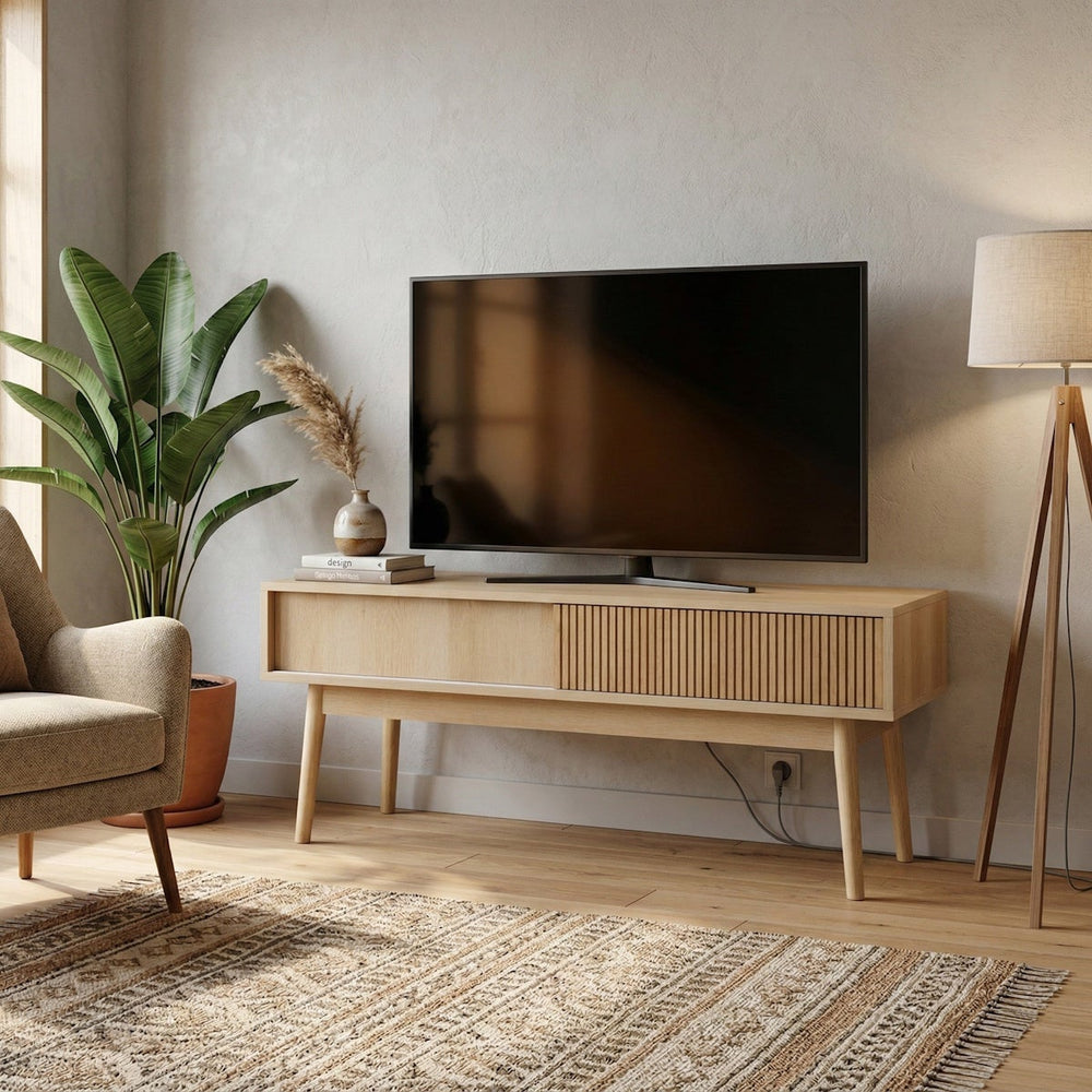 Mueble TV de madera natural con 2 puertas correderas 115x40x48 cm