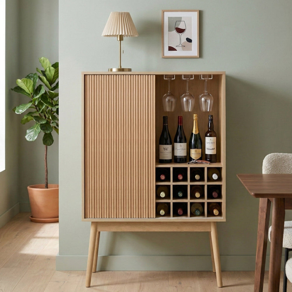 Mueble bar de madera natural con botellero y copero 80x40x120 cm
