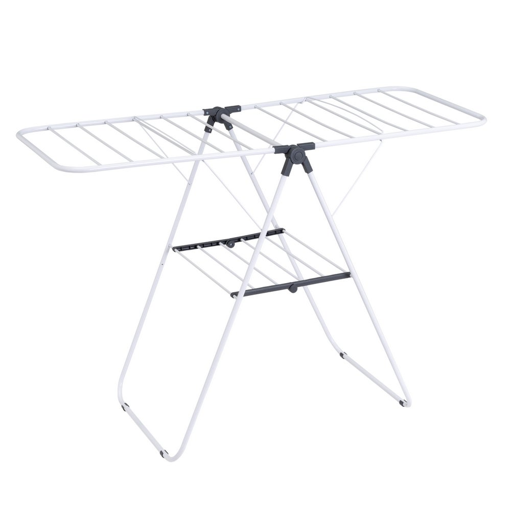 Tendedero plegable con 2 alas y estante inferior de metal blanco