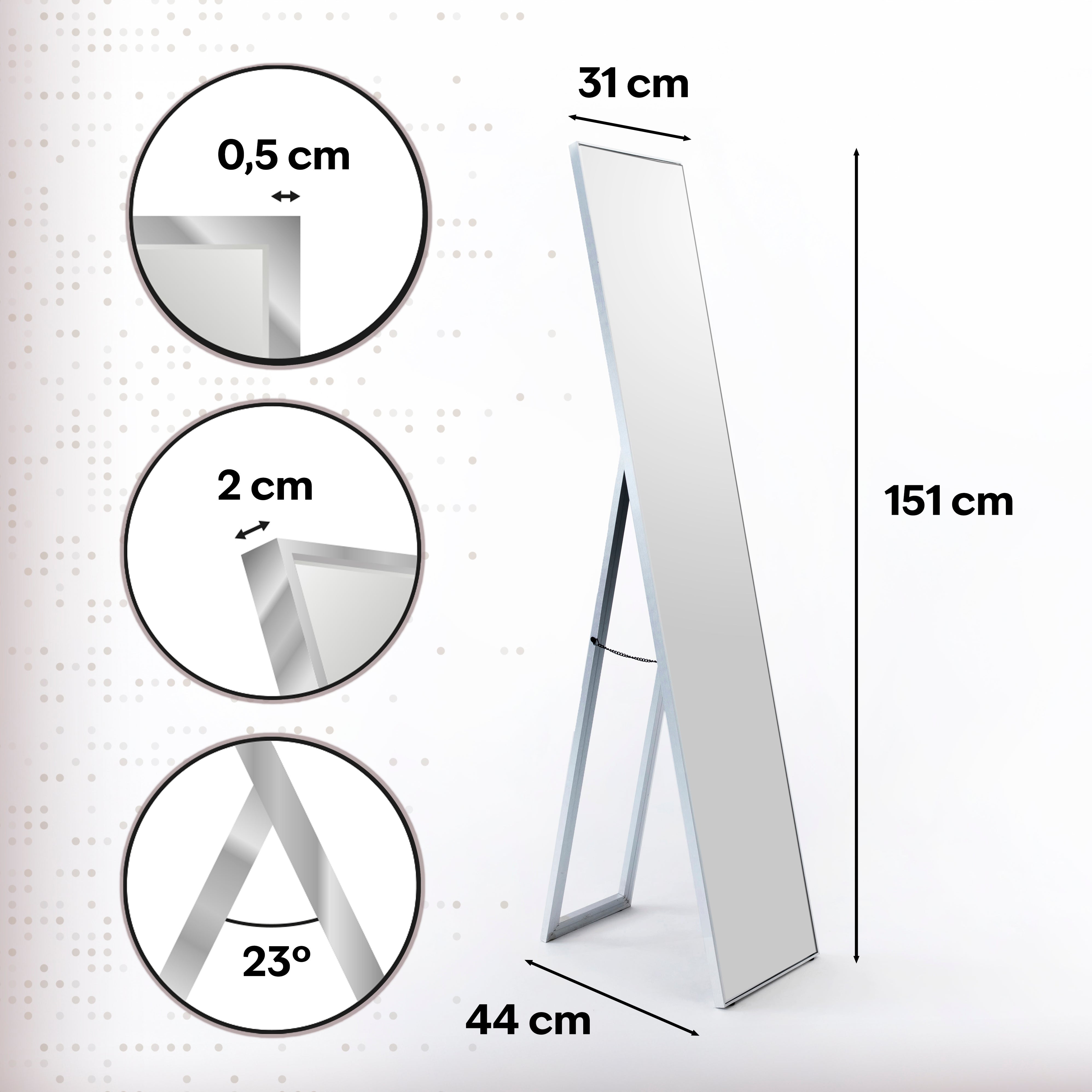 Espejo de pie plateado de 151 cm