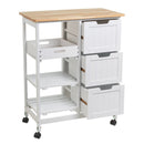 Carro de cocina de madera de pino blanco con 3 cajones