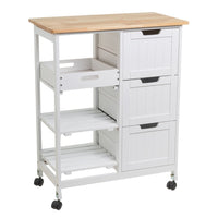 Carro de cocina de madera de pino blanco con 3 cajones