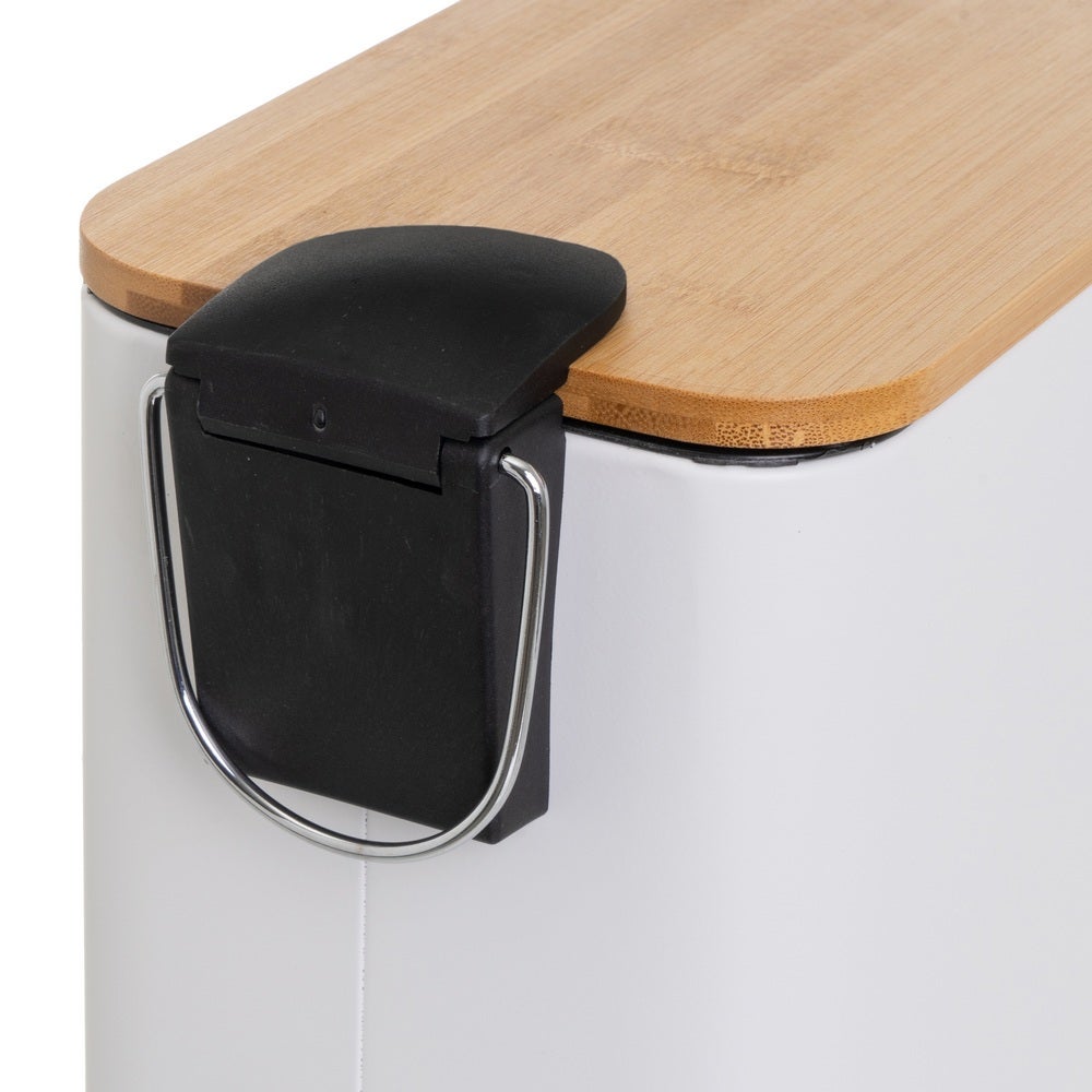 Papelera de pedal rectangular blanca de 5 litros con tapa de bambú