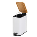 Papelera de pedal rectangular blanca de 5 litros con tapa de bambú