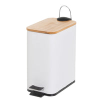 Papelera de pedal rectangular blanca de 5 litros con tapa de bambú