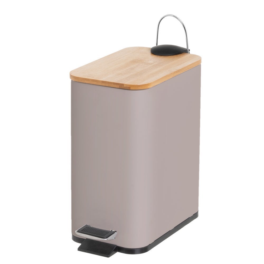 Papelera de pedal rectangular beige de 5 litros con tapa de bambú