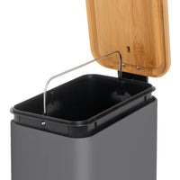 Papelera de pedal rectangular gris de 5 litros con tapa de bambú