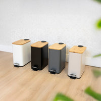 Papelera de pedal rectangular gris de 5 litros con tapa de bambú