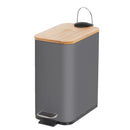 Papelera de pedal rectangular gris de 5 litros con tapa de bambú