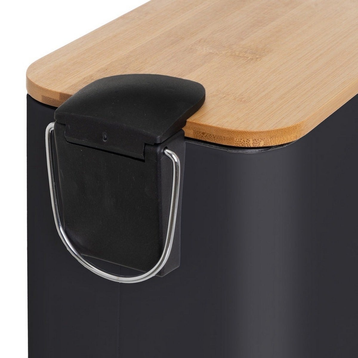Papelera de pedal rectangular negra de 5 litros con tapa de bambú