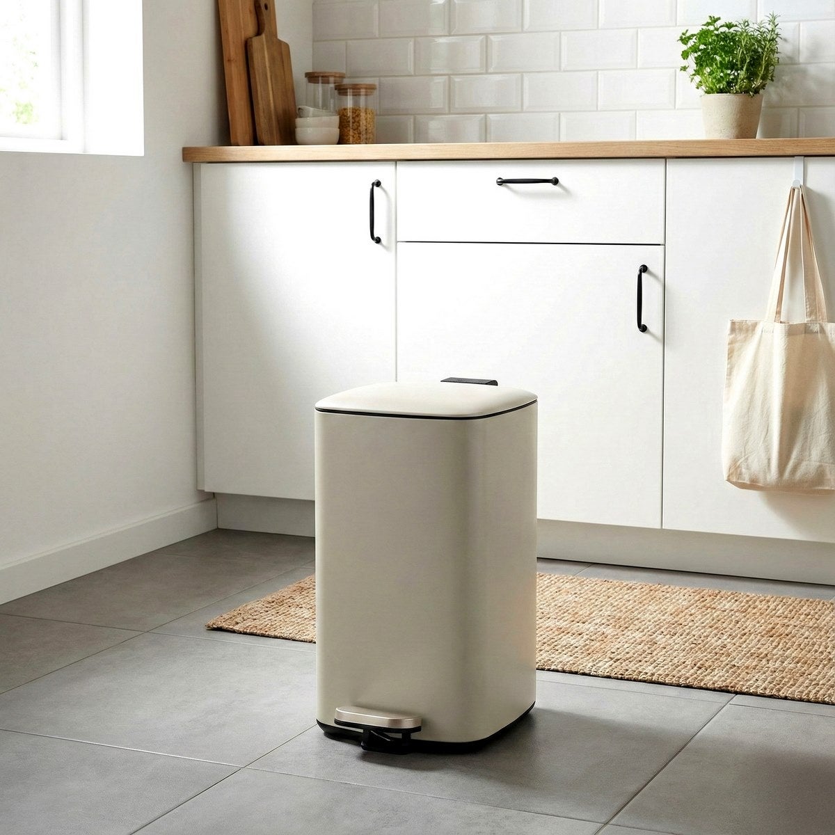 Papelera cuadrada de pedal beige de 20 litros