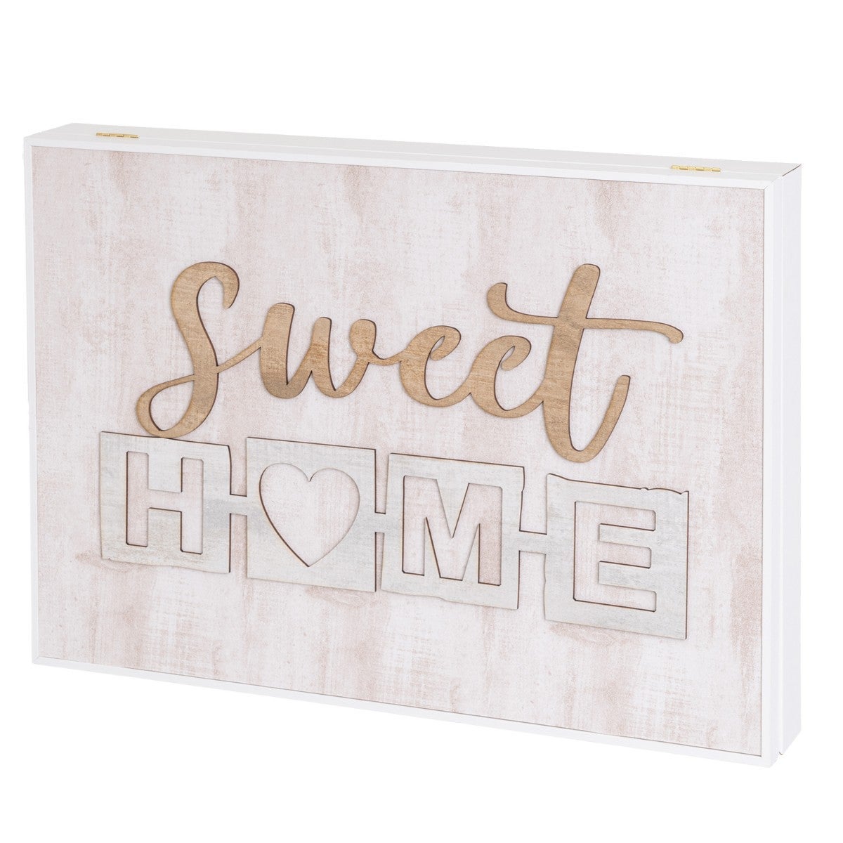 Tapa abatible para cuadro eléctrico con marco blanco y texto decorativo de 50x35x6 cm