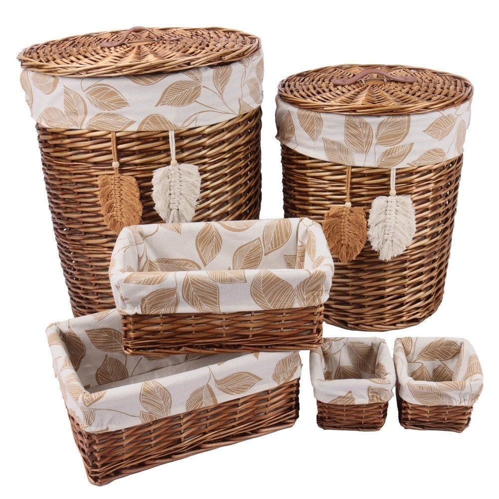 Juego de 2 cestos de ropa con tapa y 4 cestas de mimbre y tela en color oscuro