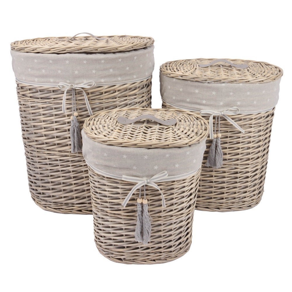 Juego de 3 cestos para ropa de mimbre y tela natural