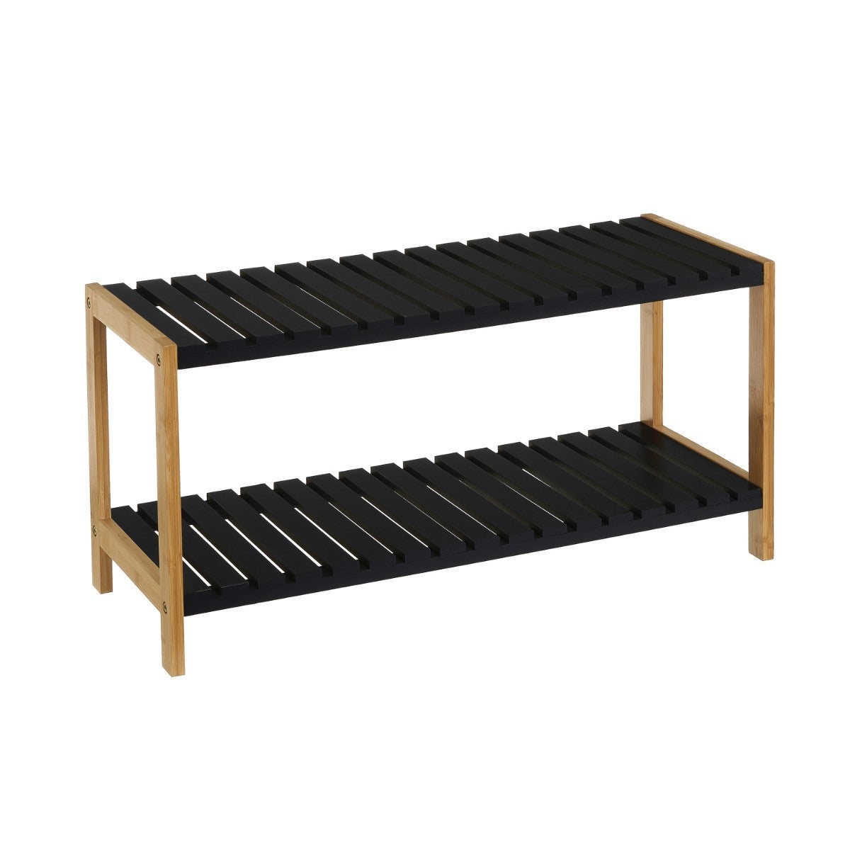 Estantería zapatero de bambú natural con 2 estantes laminados negros de 70x26x36 cm