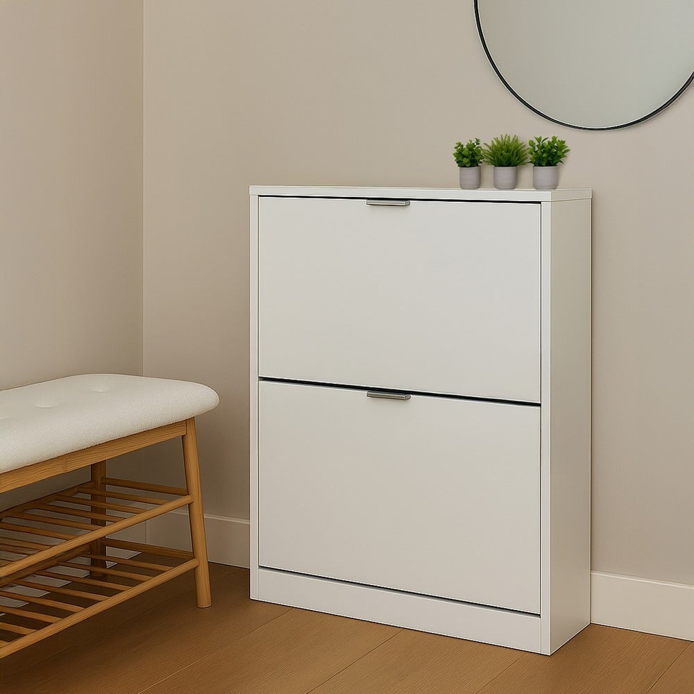 Zapatero estrecho blanco con 2 puertas abatibles de 74x24x82 cm