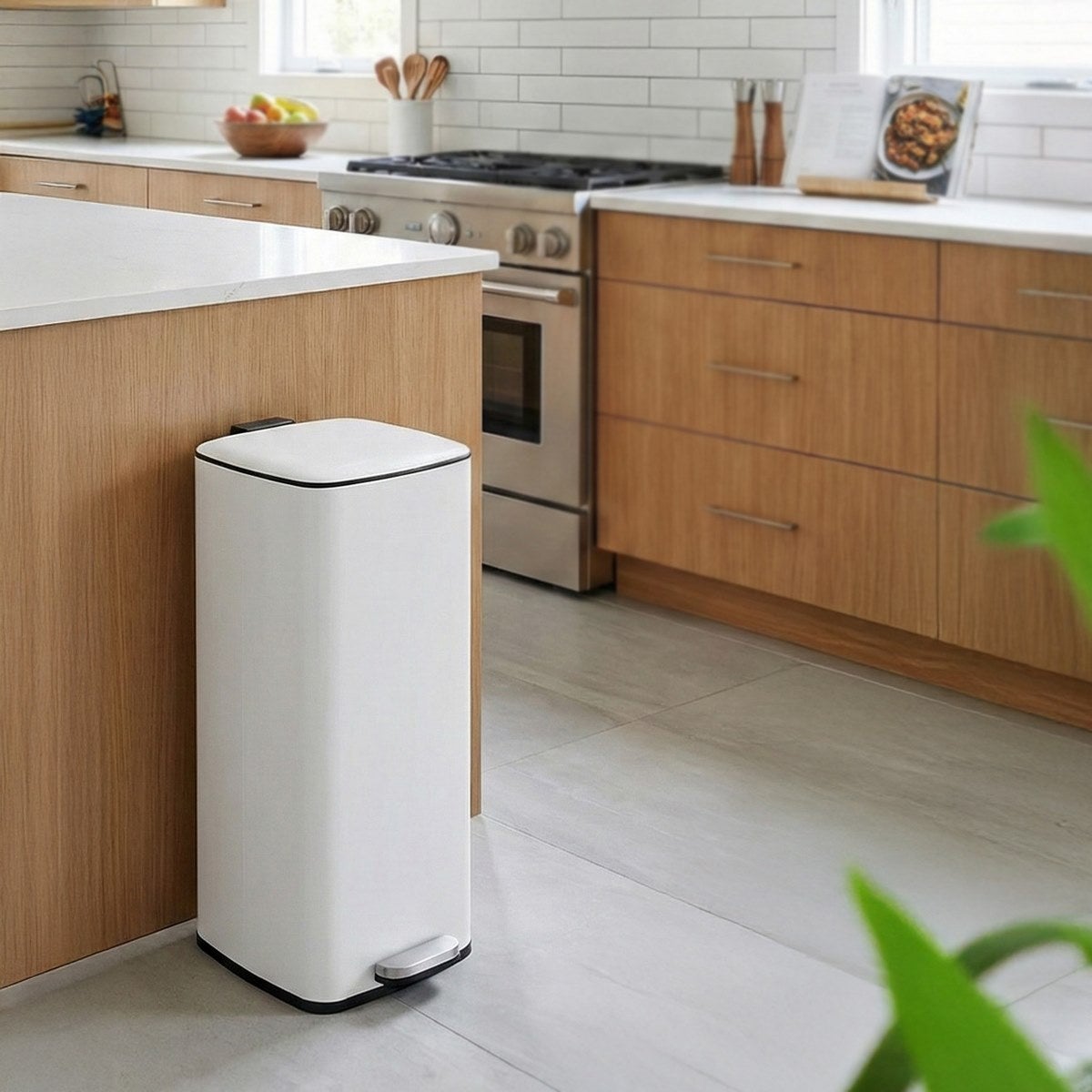 Papelera 30 Litros de Metal Blanco, Cubo Interior Extraíble