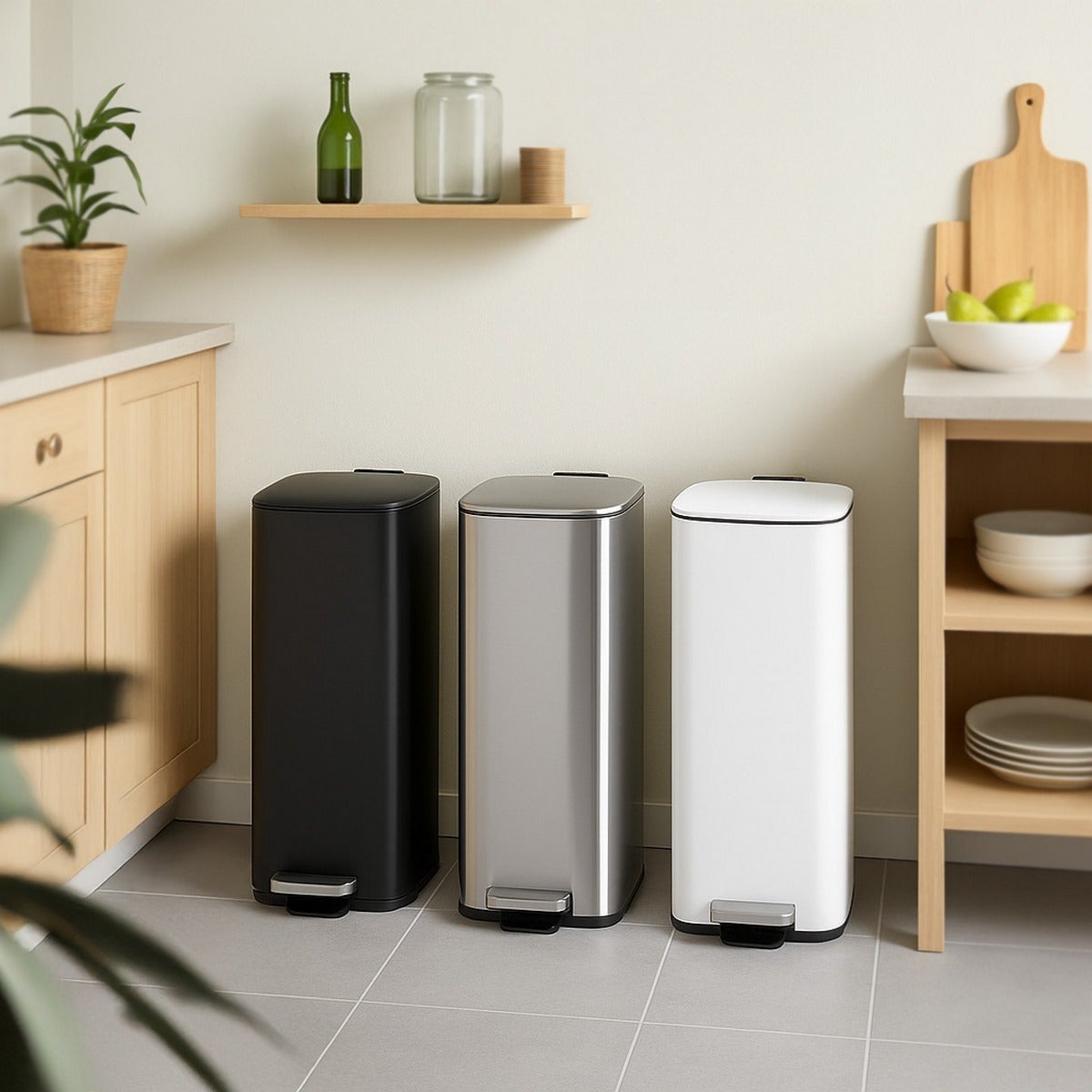 Papelera 30 Litros de Metal Negro, Cubo Interior Extraíble