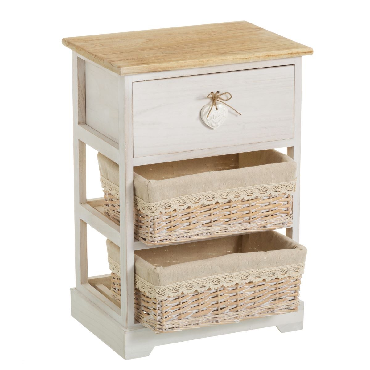 Mesa auxiliar de madera blanca con cajón y cestas