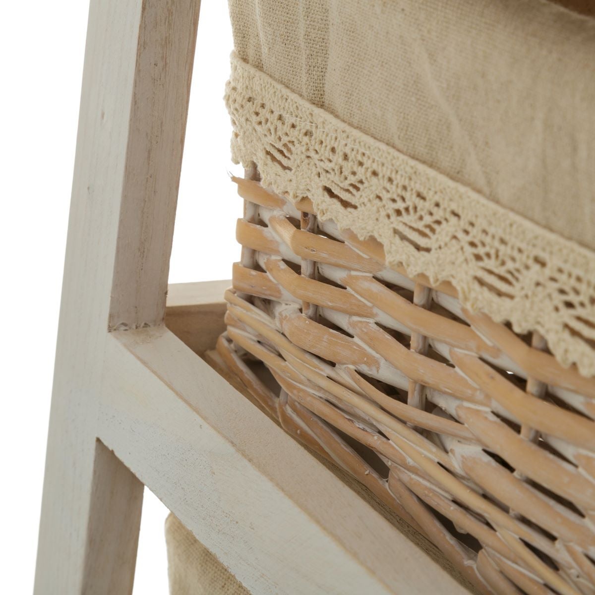 Mesa auxiliar de madera blanca con cajón y cestas